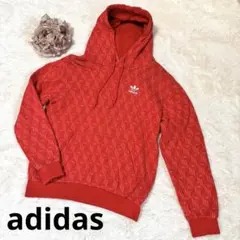 adidas アディダス パーカー 赤 全面ロゴ XS フード トレーナー