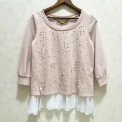 【タグ付き】セシルマクビー 7分袖 パール ピンク M フリル 切り替え