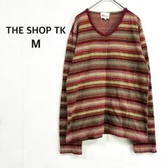 ザショップティーケー≫Vネック ニット カットソー M 赤 エスニック柄 薄手