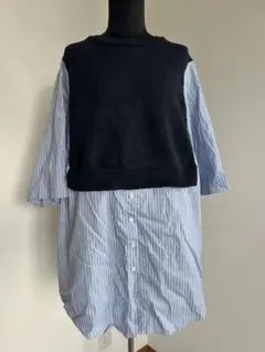 ニットベストレイヤード風 ストライプシャツ