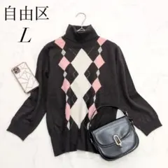 自由区/タートルネックニットアーガイル柄Lサイズアンゴラウール長袖セーター❄️のサムネイル