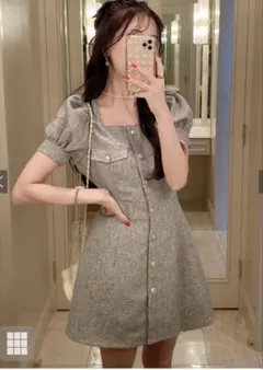GRL ツイードスクエアネックフレアミニワンピース tg647 グレー