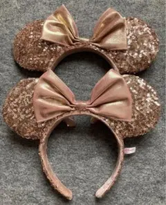 ディズニー　カチューシャ　スパンコール　ピンクゴールド　リボン　ミニー　ラメ