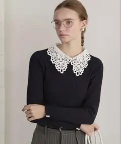 BONLECILL noir 2wayレース襟パール付きリブニット