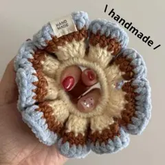 ブラウンブルー·͜·シュシュ‪ ハンドメイド‪ 編み物‪ 手編み 毛糸158