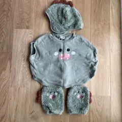 恐竜なりきりセット　もこもこ　緑色　帽子　トップス　レッグウォーマー　ミモランド