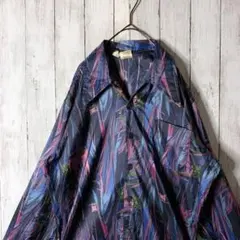 古着 ポリシャツ テロ感 総柄 マルチカラー パープル ネイビー ゆるダボ 派手