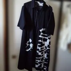 hanahanaモノトーン アート柄 切り替え シャツワンピース　バイカラー