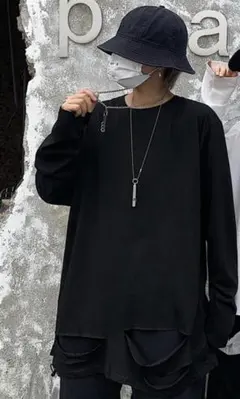 ロンT 黒 ダメージ加工 長袖 ビッグシルエット 韓国 ユニセックス 秋冬