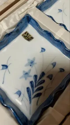 【九谷焼】花柄の小皿　角皿5枚&フォークセット※箱付き