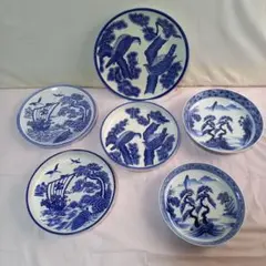 【昭和レトロ】染付 大皿 6枚セット 縁起物（宝船・松に鷹・山水）有田焼・萬古焼