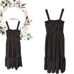 【コルザ】チェック柄シャーリングキャミロング丈フレアワンピースティアード洗えるL
