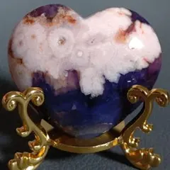 ブルー桜瑪瑙　ハート　天然石　台座付き 　満開の花　パープル