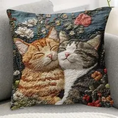 新品クッションカバー 刺繍風 プリント 猫 ネコ 動物 リアル かわいい 2匹①