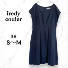 【フレディクルール】フレンチスリーブ　ウエスト切替ひざ丈ワンピース　ネイビー無地