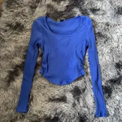 リブ素材 スクエアネック長袖トップス 青 ダンス衣装