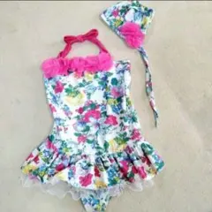 120-130　花柄かわいい女の子水着　ワンピース　帽子付き