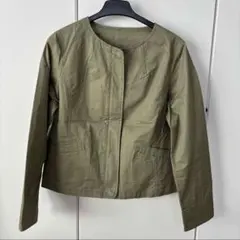 オリーブグリーン ノーカラーコットンジャケット