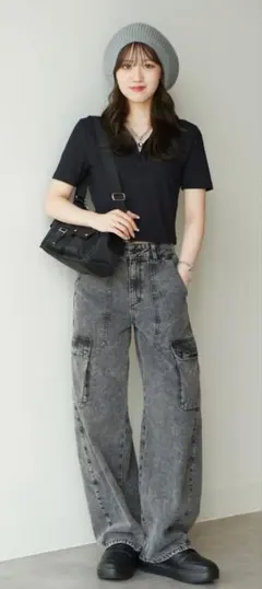 新品 GU ジーユー リブハーフジップトップス ブラック 半袖 L