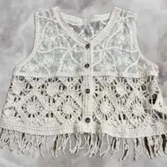 フリンジ付き クロシェレースベスト ホワイト｜かぎ編み 花柄