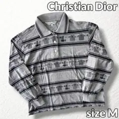 美品【Christian Dior】長袖ポロシャツ 総柄 ボーダー ゴルフ 灰色のサムネイル