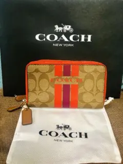 COACH ストライプ長財布 ベージュ/オレンジ/紫