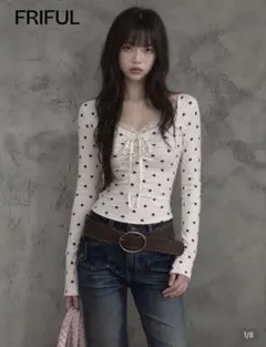 SHEIN FRIFUL ドット柄フロントリボン長袖トップス M