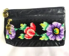FEILER 花柄刺繍 ポーチ 黒