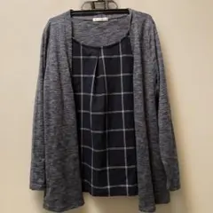 ダークグレー チェック柄インナー付きカーディガン 重ね着風 LLサイズ