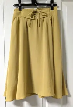 イエロー　コルセット風　リボン　ひざ丈スカート　М〜L　ウエストゴム