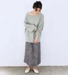 mystic ミントグリーン ラクーン混ニット オフショルダー