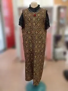 ハンドメイド　着物リメイク　ウール　花柄ロングエプロン