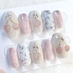 【オーダー】 さくらんぼ × フラッシュ ピンク ネイルチップ No.48
