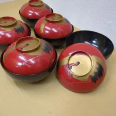 未使用品】最高級漆器 会津塗 金蒔絵 鶴文 吸物椀 5客セット 蓋付 汁椀