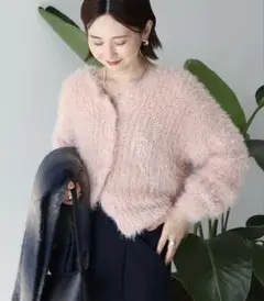 シャギーニットクルーネックカーディガン　ピンクM