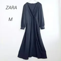 ザラ ロングワンピース フレア 長袖 黒 M スリット ブラウス風ワンピース