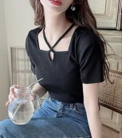 ★美品★クロスネックリブトップス