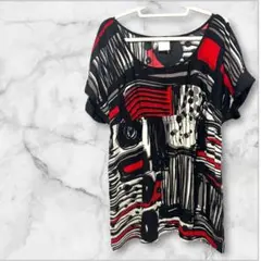 抽象パターン 半袖チュニック 赤黒白