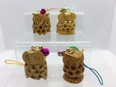 木彫り 透かし ふくろう 開運 福 幸運 根付フクロウ 4個セット 匿名配送