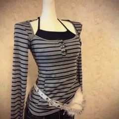 平成ギャル　Y2K ストライプ 長袖カットソー 重ね着風　グランジ