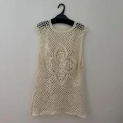 手編み ニットベスト ノースリーブ チュニック ホワイト ハンドメイド