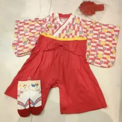 晴れ着 袴ロンパース ヘアバンド 靴下付き お花 赤 80サイズ