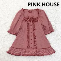 PINK HOUSE 赤ギンガムチェック フリルブラウス リボン付き ピコフリル