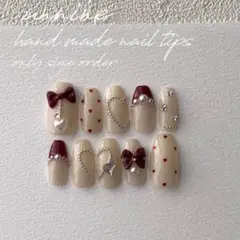 #082 【サイズオーダー】ワンホン　バレンタイン　ハート　リボン　ドットネイル