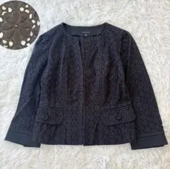 美品 EPOCA レース花刺繍 ノーカラージャケット 40 L ブラック　エポカ