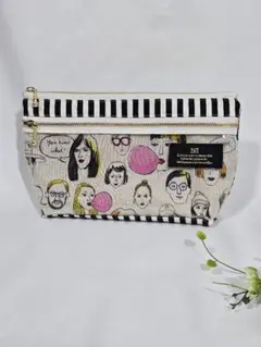 ハンドメイド　ダブルファスナー　クリア　ポーチ　フェイス柄　ベージュ　レトロ