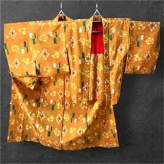 アンサンブル レトロ 小紋着物 羽織セット オレンジ系 花柄 アンティーク調