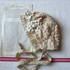 紅茶染めレースボンネット　ブライスアウトフィット　ハンドメイド　ネオブライス服