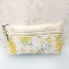 ポーチ ミモザ柄 ダブルファスナー ペンケース 小物入れ フラワー 上品おしゃれ