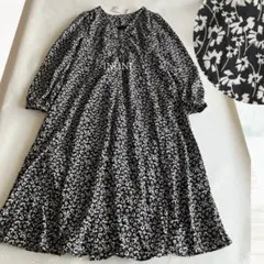 INGNI 胸ギャザー花柄ロングワンピース イング 黒 総柄 長袖